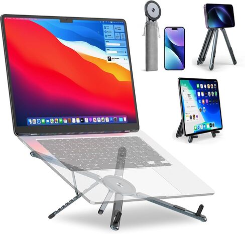 Adjustable Laptop Stand for Desk with Magnetic Phone Holder, MagSafe Compatible Portable Foldable Computer Riser for MacBook, iPhone, iPad, Tablet - Perfect for Office, Home, Traveling in Saudi Arabia