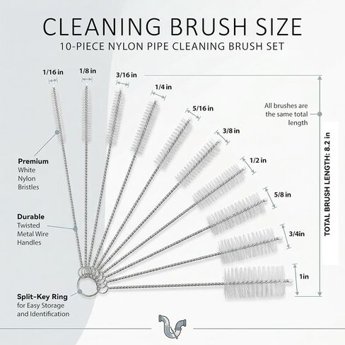 Mini Straw & Pipe Cleaning Nylon Brushes | 10 Brush Set | 8 inch Length | Flexible, Non-Scratch, Rust-Resistant Steel Handle | Reusable Straws, Pipes, Tubes, Mini Bottles etc in Kuwait