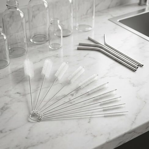 Mini Straw & Pipe Cleaning Nylon Brushes | 10 Brush Set | 8 inch Length | Flexible, Non-Scratch, Rust-Resistant Steel Handle | Reusable Straws, Pipes, Tubes, Mini Bottles etc in Kuwait