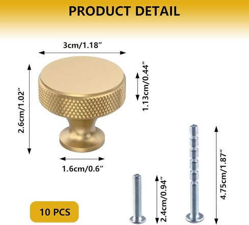 10 Pack Champagne Bronze Cabinet Knobs, Knurled Kitchen Cabinet Knobs for Dresser Drawers, Solid Metal Round Drawer Pulls, Gold Hardware for Cupboard and Wardrobe, 1.2 Inch Diameter (Champagne Gold) in Saudi Arabia