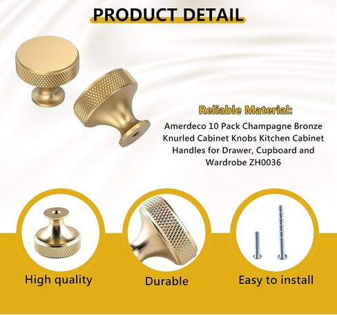 10 Pack Champagne Bronze Cabinet Knobs, Knurled Kitchen Cabinet Knobs for Dresser Drawers, Solid Metal Round Drawer Pulls, Gold Hardware for Cupboard and Wardrobe, 1.2 Inch Diameter (Champagne Gold) in Saudi Arabia
