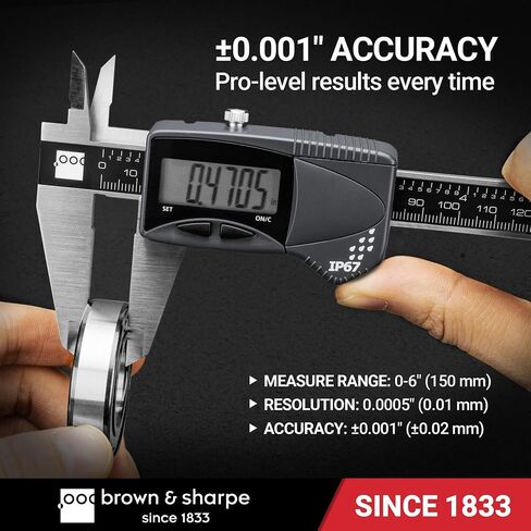 Brown & Sharpe 6" Digital Caliper, IP67 Stainless Steel, Large LCD Display, Locking Screw, ABS/DIFF Measurement, Inch & Millimeter Conversion, High-Contrast Readings in Kuwait