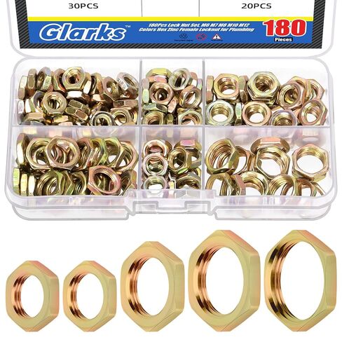 Glarks 180Pcs M6 M7 M8 M10 M12 Metric Hex Lock Nut Set, Yellow Zinc Cast Pipe Fitting Thin Hex Female Lock Nut for Plumbing in Kuwait
