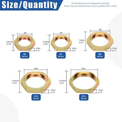 Glarks 180Pcs M6 M7 M8 M10 M12 Metric Hex Lock Nut Set, Yellow Zinc Cast Pipe Fitting Thin Hex Female Lock Nut for Plumbing in Kuwait