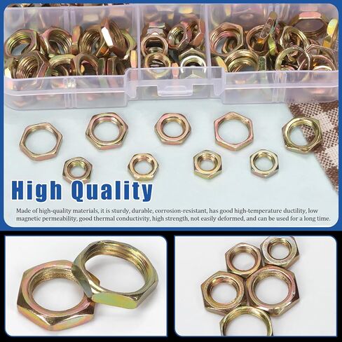 Glarks 180Pcs M6 M7 M8 M10 M12 Metric Hex Lock Nut Set, Yellow Zinc Cast Pipe Fitting Thin Hex Female Lock Nut for Plumbing in Kuwait