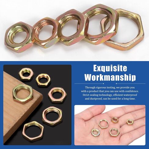 Glarks 180Pcs M6 M7 M8 M10 M12 Metric Hex Lock Nut Set, Yellow Zinc Cast Pipe Fitting Thin Hex Female Lock Nut for Plumbing in Kuwait