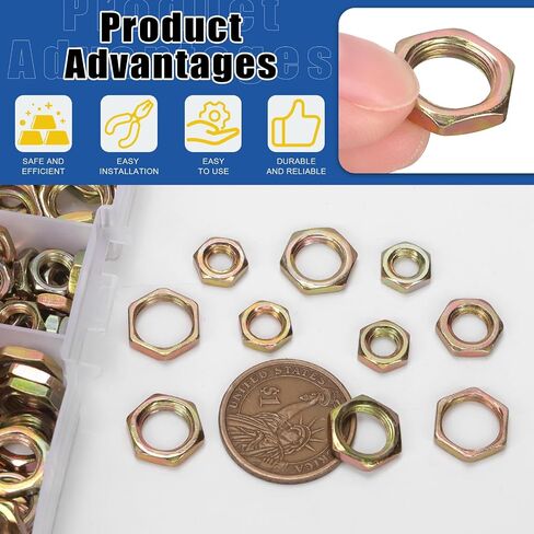 Glarks 180Pcs M6 M7 M8 M10 M12 Metric Hex Lock Nut Set, Yellow Zinc Cast Pipe Fitting Thin Hex Female Lock Nut for Plumbing in Kuwait