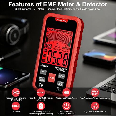 جهاز قياس وكاشف EMF 3 في 1، جهاز اختبار RF EF MF محمول قابل لإعادة الشحن مع إنذار الصوت والضوء، لإشارة WiFi المنزلية والإلكترونيات in Kuwait