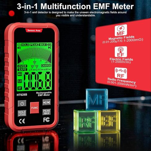 جهاز قياس وكاشف EMF 3 في 1، جهاز اختبار RF EF MF محمول قابل لإعادة الشحن مع إنذار الصوت والضوء، لإشارة WiFi المنزلية والإلكترونيات in Kuwait
