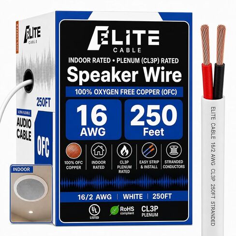 Elite 16/2 Plenum Speaker Wire Cable, 16AWG/2-Conductor, Stranded, UL Listed, CMP/CL3P, Plenum/in-Wall, 100% Oxygen Free Pure Bare Copper (OFC), 250ft, White in Kuwait