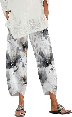 Zaswen Lightweight Oversize Palazzo Trousers for Women Casual Summer Boho Floral Print Pants Elastic Waist Pants with Pockets in Saudi Arabia