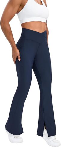Vivian Womens Flare Tummy Control Leggings with Pockets Long Bootleg High Waist Yoga Pants with Hem Slit and Waist Cross in Kuwait