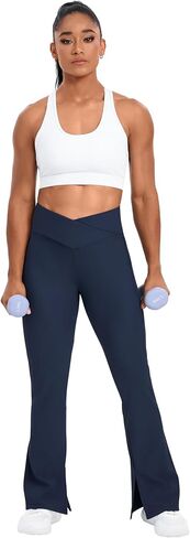 Vivian Womens Flare Tummy Control Leggings with Pockets Long Bootleg High Waist Yoga Pants with Hem Slit and Waist Cross in Kuwait