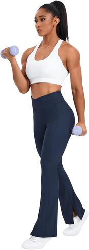 Vivian Womens Flare Tummy Control Leggings with Pockets Long Bootleg High Waist Yoga Pants with Hem Slit and Waist Cross in Kuwait