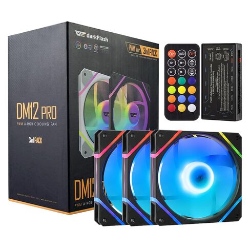 darkFlash 3-Pack 120mm PC Case Fans with Controller Hub & Remote, PWM ARGB Sync, Addressable RGB Cooling Fans for Computer Case & High Airflow(DM12PRO) (Black) in Saudi Arabia