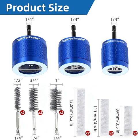 1/2" & 3/4" & 1" Metal Copper Pipe Cleaner Kit with Heavy-Duty Drill Attachment,6 Wire Bore Brushes & 6 Replaceable Blades, Tube Cleaning Tool for Plumbing in Kuwait