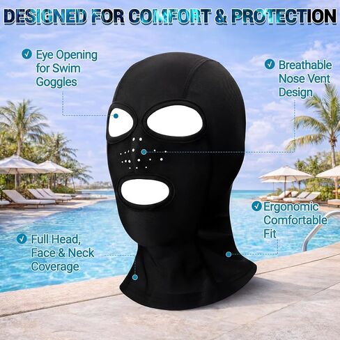 قبعة السباحة Hercicy Facekini 3 فتحات غطاء قناع الوجه الكامل للسباحة قبعة بالاكلافا للنساء والرجال Facekini مع أغطية الرقبة للحماية من أشعة الشمس فوق البنفسجية باللون الأسود قابل للتنفس لحمام السباحة والشاطئ والمحيط والغطس في الصيف in Kuwait