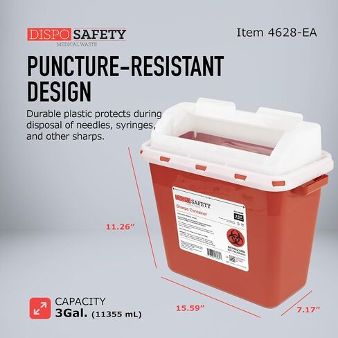 Dynarex Dispo Safety Sharps Container - 3 gal. - Puncture-Resistant Biohazard Container for Safe Hazardous Waste Disposal - 7.17" × 15.59" × 11.26" - 1 Count in Kuwait