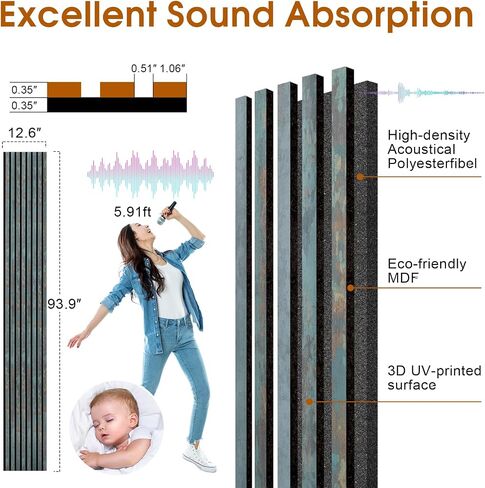 Wood Slat Acoustic Wall Panels, Sound Absorbing Wall Panels for Interior Walls, Modern Decorative Wall Panels for Living Room Bedroom Office, 4 Pack 12.6 x 93.9 Inches(Vintage blue,) in Kuwait