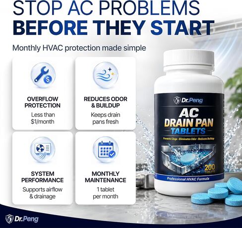 AC Drain Pan Tablets (200 Count) – HVAC Drain Pan Tablets – Prevents Clogs, Buildup & Odor – Professional Formula – For Central AC, Mini-Split, Portable AC, Window Unit & Dehumidifier in Kuwait