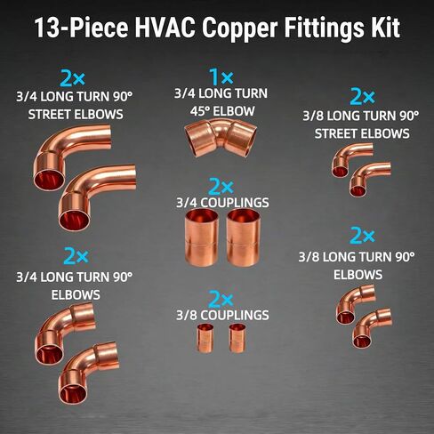 3/8 & 3/4 HVAC Copper Line Set Fittings Kit | Copper Pipe Coupling Elbow, Air Conditioning and Refrigeration, Liquid Suction Tubing, Central/Split Air Conditioning Systems in Kuwait