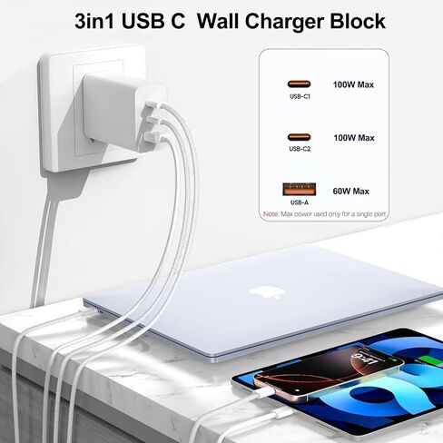 100W USB C Charger Block ، 2Pack 3-Port PD & AC Gan Super Fast USB C Charging Block Clock Adapter Adapter for MacBook Pro/MacBook Air ، iPad Pro/Mini ، iPhone 16E/15Pro ، S25/S24/S23 وأكثر in Kuwait
