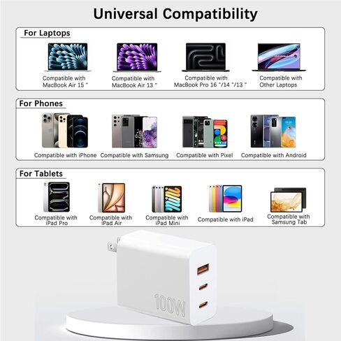 100W USB C Charger Block ، 2Pack 3-Port PD & AC Gan Super Fast USB C Charging Block Clock Adapter Adapter for MacBook Pro/MacBook Air ، iPad Pro/Mini ، iPhone 16E/15Pro ، S25/S24/S23 وأكثر in Kuwait
