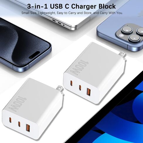 100W USB C Charger Block ، 2Pack 3-Port PD & AC Gan Super Fast USB C Charging Block Clock Adapter Adapter for MacBook Pro/MacBook Air ، iPad Pro/Mini ، iPhone 16E/15Pro ، S25/S24/S23 وأكثر in Kuwait