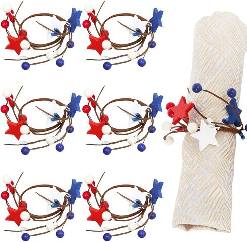 4th of July Pip Berry Napkin Rings Set of 6, White Red Blue Berries Artificial Stars Flower Napkin Ring Holder Berry Napkin Buckle for Independence Day Patriotic Dinning Table Party Decoration in Kuwait