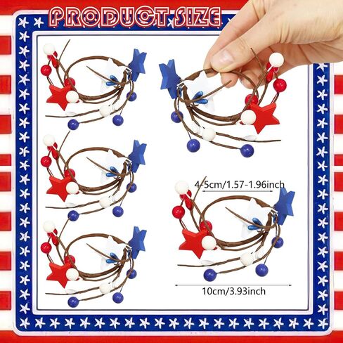 4th of July Pip Berry Napkin Rings Set of 6, White Red Blue Berries Artificial Stars Flower Napkin Ring Holder Berry Napkin Buckle for Independence Day Patriotic Dinning Table Party Decoration in Kuwait