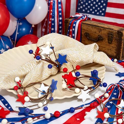 4th of July Pip Berry Napkin Rings Set of 6, White Red Blue Berries Artificial Stars Flower Napkin Ring Holder Berry Napkin Buckle for Independence Day Patriotic Dinning Table Party Decoration in Kuwait