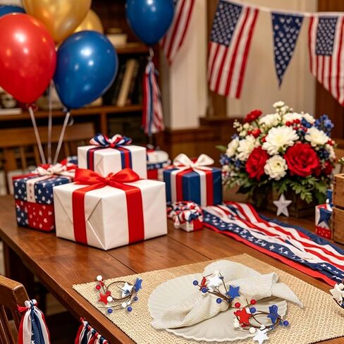 4th of July Pip Berry Napkin Rings Set of 6, White Red Blue Berries Artificial Stars Flower Napkin Ring Holder Berry Napkin Buckle for Independence Day Patriotic Dinning Table Party Decoration in Kuwait