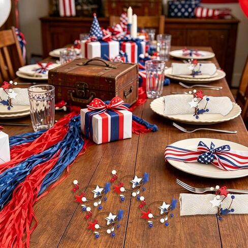 4th of July Pip Berry Napkin Rings Set of 6, White Red Blue Berries Artificial Stars Flower Napkin Ring Holder Berry Napkin Buckle for Independence Day Patriotic Dinning Table Party Decoration in Kuwait