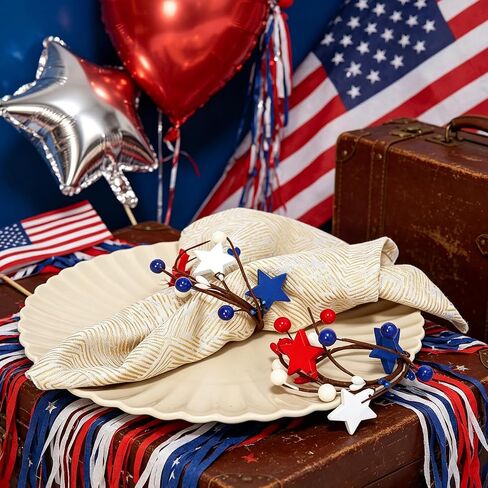 4th of July Pip Berry Napkin Rings Set of 6, White Red Blue Berries Artificial Stars Flower Napkin Ring Holder Berry Napkin Buckle for Independence Day Patriotic Dinning Table Party Decoration in Kuwait