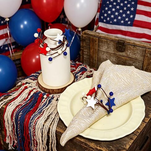4th of July Pip Berry Napkin Rings Set of 6, White Red Blue Berries Artificial Stars Flower Napkin Ring Holder Berry Napkin Buckle for Independence Day Patriotic Dinning Table Party Decoration in Kuwait
