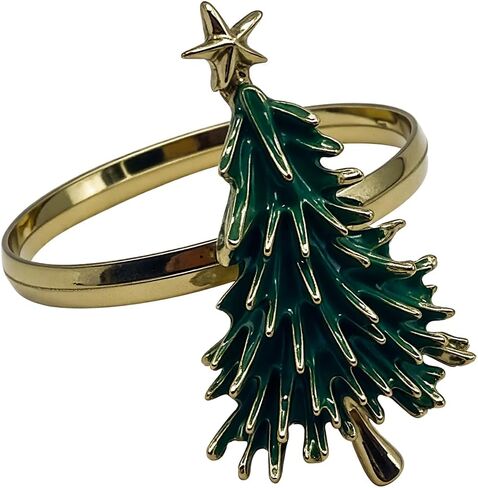 Christmas Tree Napkin Rings Set of 4, Gold Alloy Napkin Holders with Star Topper, Green Enamel Holiday Napkin Rings for Christmas Table Decor, Dinner Party Table Setting Accessories in Kuwait