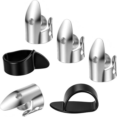 6Pcs Banjo Finger Picks, Adjustable Steel Picks and Thumb Pick Silver/Black | 6Pcs stainless steel finger picks,adjustable open design.Fits most adults.Protects fingers,Enhances sound.For guitar,banjo in Kuwait