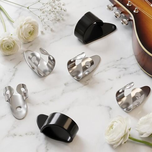 6Pcs Banjo Finger Picks, Adjustable Steel Picks and Thumb Pick Silver/Black | 6Pcs stainless steel finger picks,adjustable open design.Fits most adults.Protects fingers,Enhances sound.For guitar,banjo in Kuwait