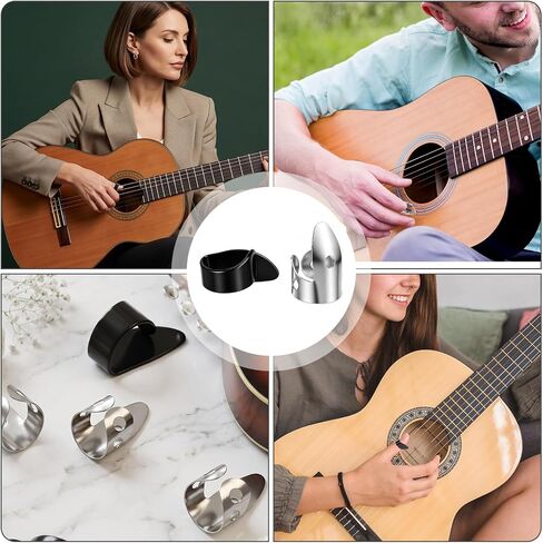 6Pcs Banjo Finger Picks, Adjustable Steel Picks and Thumb Pick Silver/Black | 6Pcs stainless steel finger picks,adjustable open design.Fits most adults.Protects fingers,Enhances sound.For guitar,banjo in Kuwait