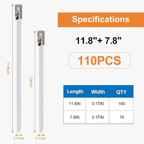110PCS Metal Zip Ties, 11.8IN +7.8IN Stainless Steel Zip Ties Heavy Duty for Outdoor, Heat Resistant Cable Tie Buckle for Chain Link Fence, Exhaust Wrap, Pipe, Electrical Wiring, 2026 New in Saudi Arabia