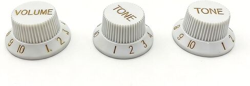 3 Pcs Electric Guitar Control Knobs Replacement Set (1 Volume & 2 Tone), White Top Hat Bell Knobs with Gold Numbers, Compatible with Squier Strat ST Electric Guitars in Kuwait