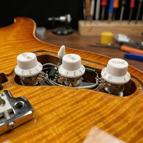 3 Pcs Electric Guitar Control Knobs Replacement Set (1 Volume & 2 Tone), White Top Hat Bell Knobs with Gold Numbers, Compatible with Squier Strat ST Electric Guitars in Kuwait