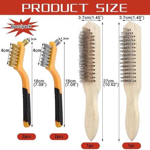 مجموعة فرش سلكية، 6 قطع من شعيرات الفولاذ المقاوم للصدأ/النحاس/النايلون مع مقبض منحني، فرشاة خدش سلكية شديدة التحمل من الفولاذ المقاوم للصدأ مع مقبض من خشب الزان لتنظيف الصدأ والأوساخ والطلاء in Kuwait