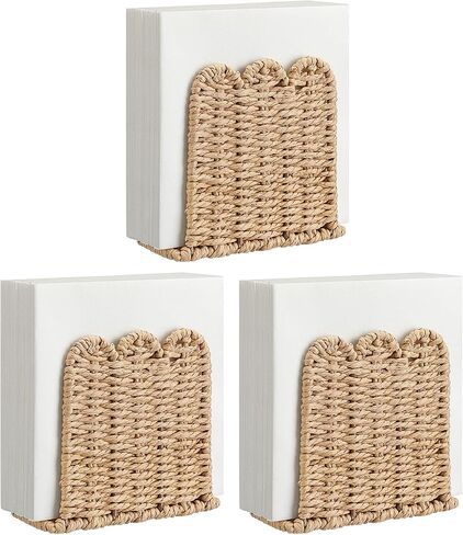3 Pcs Scalloped Napkin Holders for Table Woven Rattan Paper Rope Napkin Holders Upright Wicker Standing Paper Dispensers for Guest Countertop Kitchen Dining Hotel Cocktail Room Decor in Kuwait