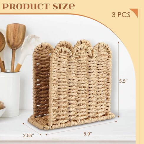 3 Pcs Scalloped Napkin Holders for Table Woven Rattan Paper Rope Napkin Holders Upright Wicker Standing Paper Dispensers for Guest Countertop Kitchen Dining Hotel Cocktail Room Decor in Kuwait