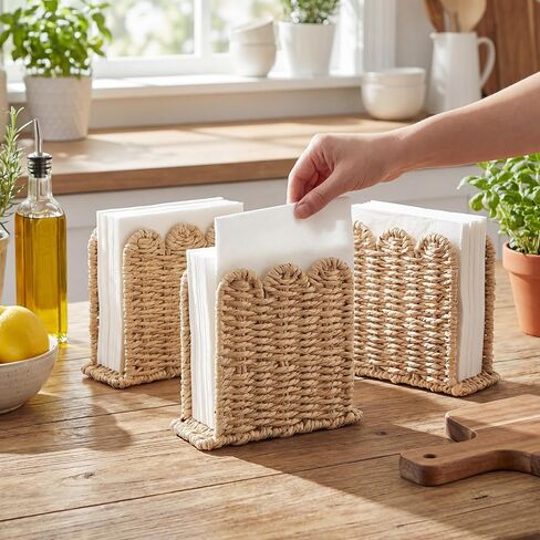 3 Pcs Scalloped Napkin Holders for Table Woven Rattan Paper Rope Napkin Holders Upright Wicker Standing Paper Dispensers for Guest Countertop Kitchen Dining Hotel Cocktail Room Decor in Kuwait