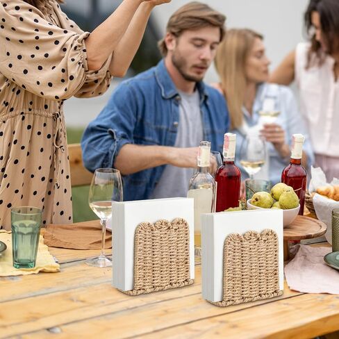 3 Pcs Scalloped Napkin Holders for Table Woven Rattan Paper Rope Napkin Holders Upright Wicker Standing Paper Dispensers for Guest Countertop Kitchen Dining Hotel Cocktail Room Decor in Kuwait