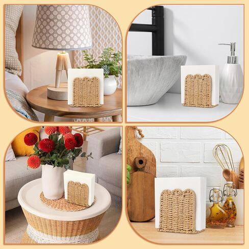3 Pcs Scalloped Napkin Holders for Table Woven Rattan Paper Rope Napkin Holders Upright Wicker Standing Paper Dispensers for Guest Countertop Kitchen Dining Hotel Cocktail Room Decor in Kuwait
