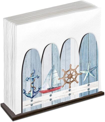 Summer Coastal Napkin Holder Beach Home Decor Rustic Nautical Anchor Sailboat Wheel Starfish Wooden Napkin Holder for Coastal Beach House Room Kitchen Bathroom Decorations in Kuwait