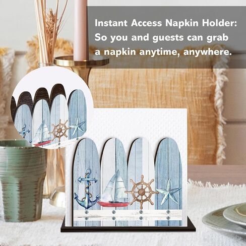Summer Coastal Napkin Holder Beach Home Decor Rustic Nautical Anchor Sailboat Wheel Starfish Wooden Napkin Holder for Coastal Beach House Room Kitchen Bathroom Decorations in Kuwait